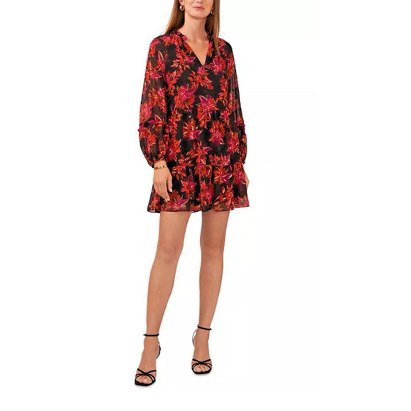 Vince Camuto Sz M Split Neck Babydoll Dress Floral Feminine Flowy Layered - Picture 1 of 8